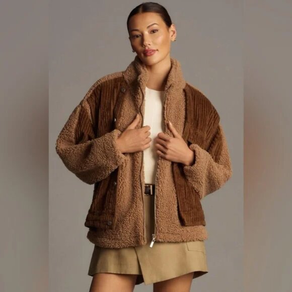 Blank NYC Fuzzy Wuzzy Corduroy Sherpa Mix Trucker Jacket Brown Tan Size Small - Picture 2 of 10